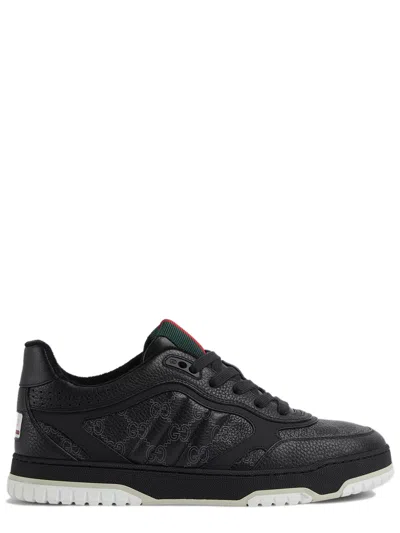 Gucci Gg Outline Pebbled Leather Sneaker With Interlocking G Web Tongue And Lace-up Closure In Black