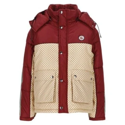 Pre-owned Gucci Gg Parachute Nylon Hooded Puffer Jacket (100% Authentic) With Tag In Beige And Bordeaux