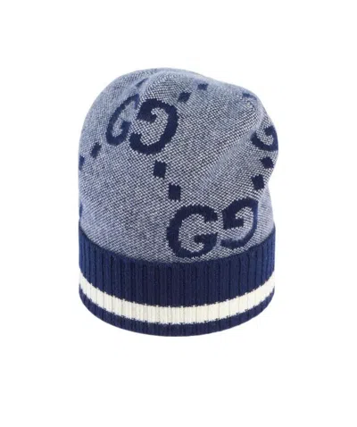 Gucci Gg Pattern Knitted Beanie In Blue