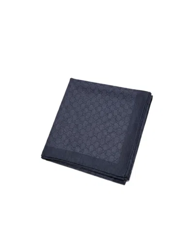 Gucci Logo Scarf Monogram Pattern Fringed Edges In Blue