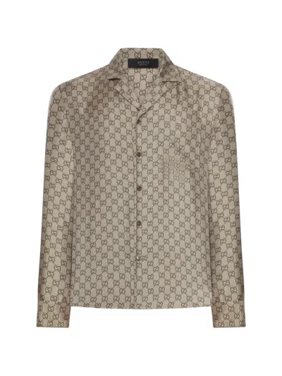 Gucci Bowling Shirt In Silk Twill With All-over Gg Print In Brown