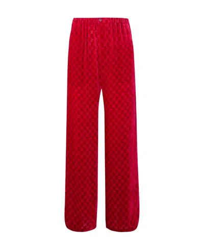 Gucci Gg-pattern Straight-leg Velvet Trousers In Red
