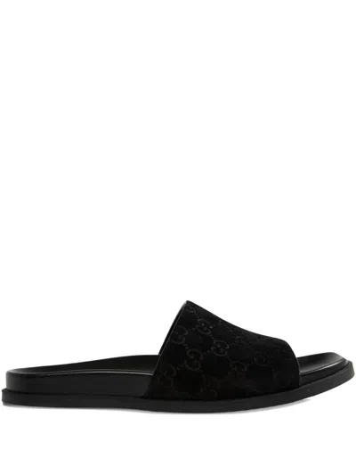 Gucci Gg-pattern Suede Sandals In Black