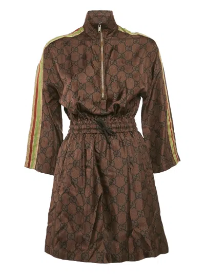 Pre-owned Gucci Gg Pattern Zip-up Dress In Brown