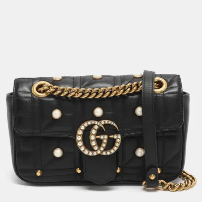 Pre-owned Gucci Gg Pearl Marmont Flap Mini Black Matelassé Leather Shoulder Bag