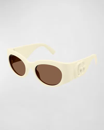 Gucci Gg Plastic Round Sunglasses In 004 Ivory Ivory Brown