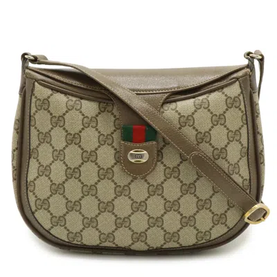 Pre-owned Gucci Gg Plus Beige Brown Green Red Color Coated Canvas Leather Pochette Shoulder Bag ()