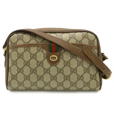 Pre-owned Gucci Gg Plus Beige Brown Green Red Color Coated Canvas Leather Pochette Shoulder Bag ()