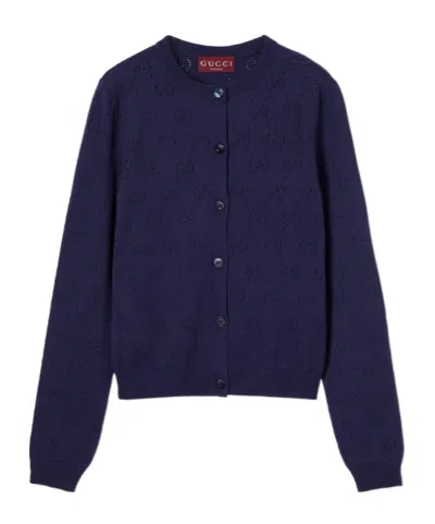 Gucci Gg Pointelle Cotton Silk Cardigan In Blue