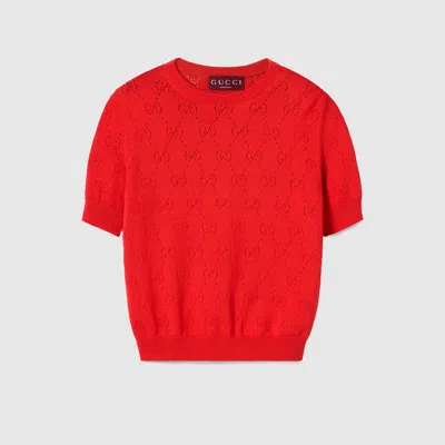 Gucci Women Coral Rose Gg Pointelle Silk And Cotton Sweater In Red