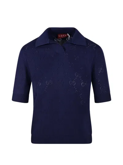 Gucci Polo Shirt Textured Pattern Short Sleeves In Blue