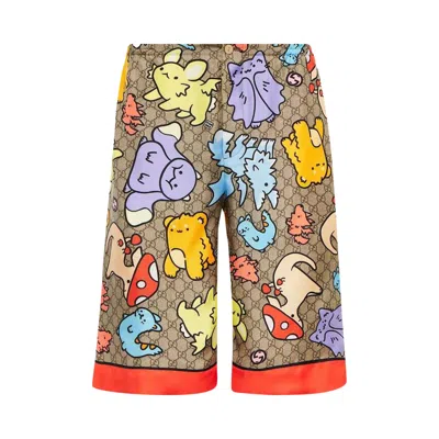 Pre-owned Gucci Gg Print Silk Twill Shorts 'beige/multicolor' | Tan | Men's Size 44 In Brown