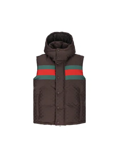 Gucci Dark Brown Gg Polyester Blend Sleeveless Down Jacket In Multi