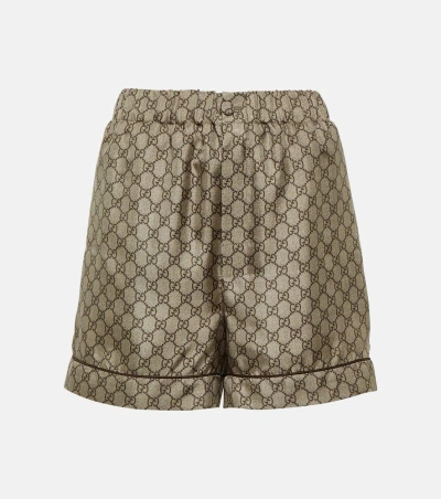 Gucci Gg Supreme Printed Silk Twill Shorts In Camel,ebony