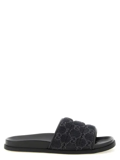 Gucci Gg Quilted Denim Slides In Black