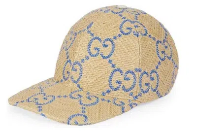 Pre-owned Gucci Gg Raffia Effect Baseball Hat Blue/beige