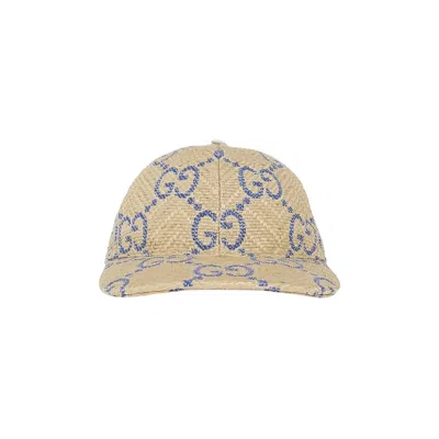 Pre-owned Gucci Gg Raffia Effect Baseball Hat 'blue/beige' | Women's Size S