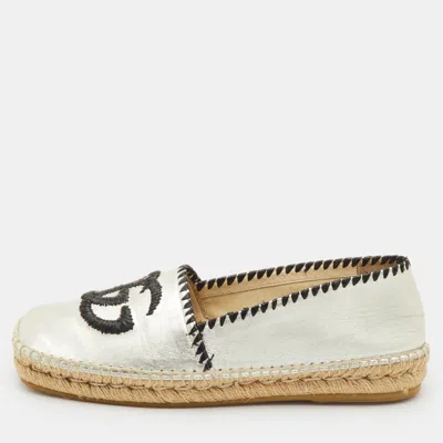 Pre-owned Gucci Gg Raffia Size 37 Silver Metallic Leather Slip On Espadrille Loafers