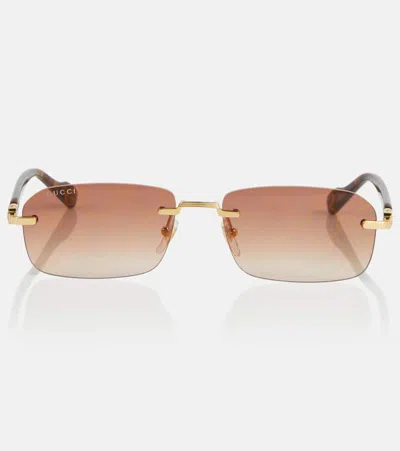 Gucci Brown Rectangular Sunglasses In 004 Shiny Yellow Gol