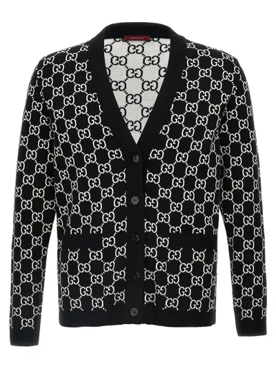Gucci Black Reversible Cardigan With V Neck In Gg Canvas Woman