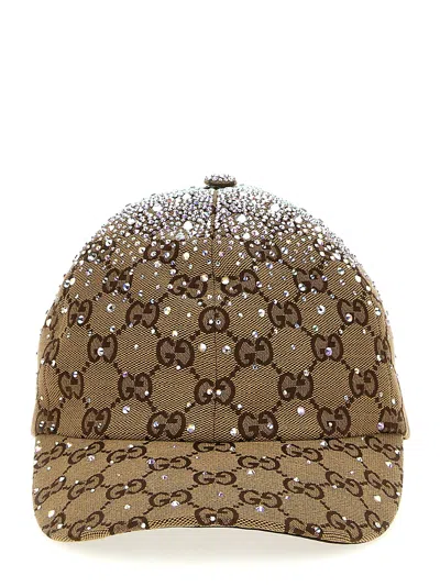 Gucci Gg Rhinestone Cap Hats Beige In Brown