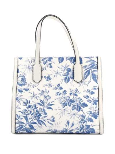 Pre-owned Gucci Gg Ribbon Coated Printed Canvas Medium Tote Bag In Blue