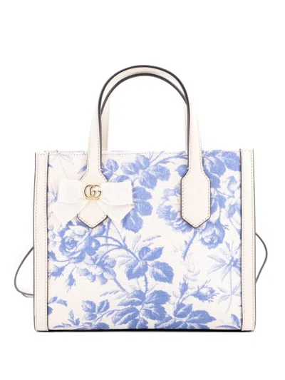 Pre-owned Gucci Gg Ribbon Printed Linen Small Tote Bag In Multi