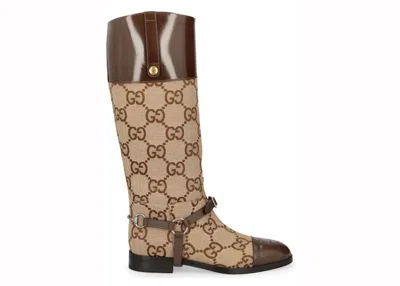 Pre-owned Gucci Gg Round Toe Kneehigh Boots (women's) Sneakers In Beige/brown