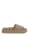 Gucci Women Beige Sandals With Leather Finishes And All-over Gg Motif In Fabric Woman In Brown