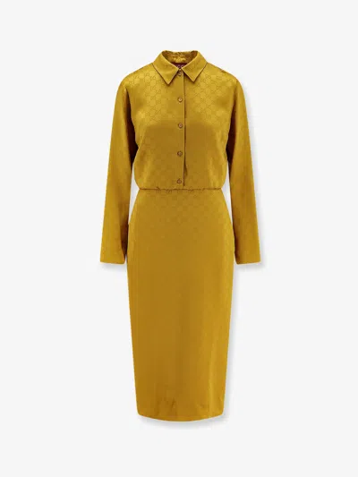 Gucci Gg Satin Chemisier Dress In Yellow