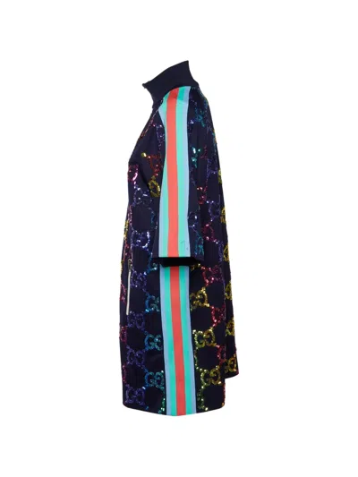 Pre-owned Gucci Gg Sequinned-rainbow Zip-up Dress In Blue