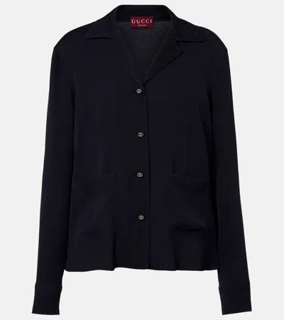 Gucci Collared Long Sleeve Shirt Textured Fabric Pockets In Black