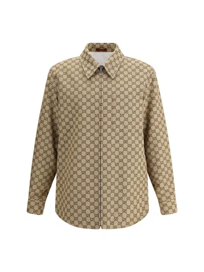 Gucci Beige Jacket With Classic Collar And Front Zip Closure In Gg Canvas Man In Brown