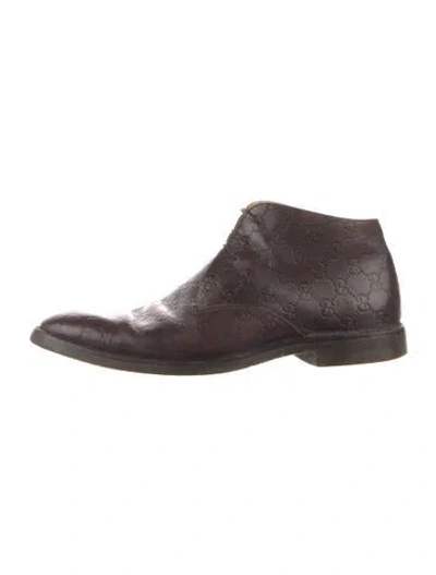 Pre-owned Gucci Gg Signature Embossed Leather Lace-up Boots In Brown
