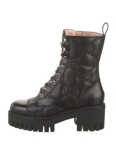 Pre-owned Gucci Gg Signature Leather Combat Boots W/ Tags In Black