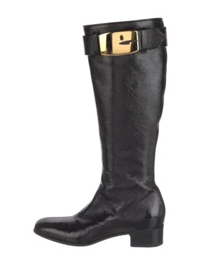 Pre-owned Gucci Gg Signature Patent Leather Riding Boots In Black