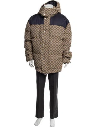 Pre-owned Gucci Gg Signature Patterned Puffer Coat In Brown