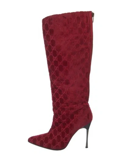 Pre-owned Gucci Gg Signature Velvet Boots In Red