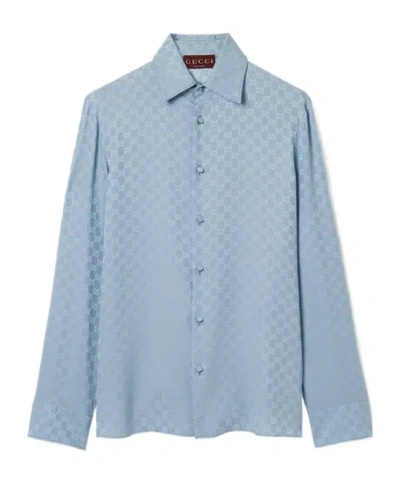 Gucci Gg Silk Jacquard Shirt In Blue