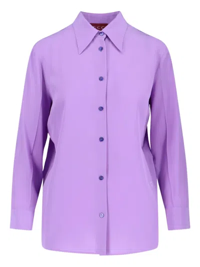 Gucci Long Sleeve Silk Shirt With Pointed Collar In Purple