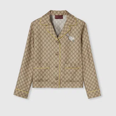 Gucci Gg Silk Twill Shirt With Print In Beige