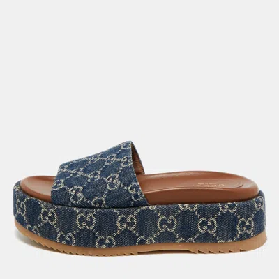 Pre-owned Gucci Gg Size 35.5 Blue Denim Platform Sandals