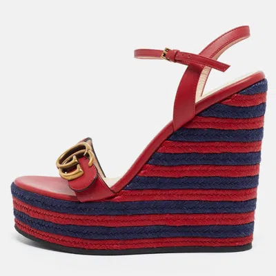 Pre-owned Gucci Gg Size 36 Burgundy Leather Espadrille Wedge Sandals