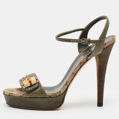 Pre-owned Gucci Gg Size 37 Olive Green Leather Ankle Strap Platform Sandals