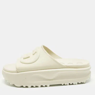 Pre-owned Gucci Gg Size 38 Beige Rubber Platform Slide Sandals