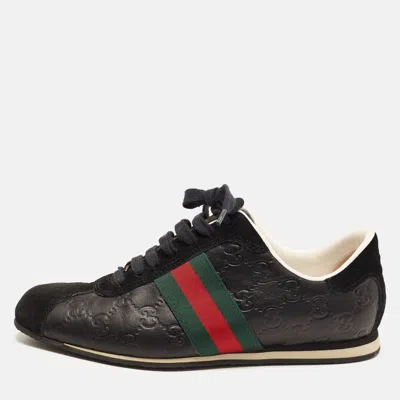 Pre-owned Gucci Gg Size 38 Black Leather And Suede Ace Web Lace Up Sneakers