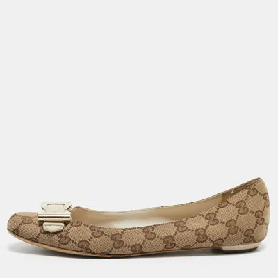 Pre-owned Gucci Gg Size 38.5 Beige/brown Gg Canvas And Leather Buckle Ballet Flats In Sand