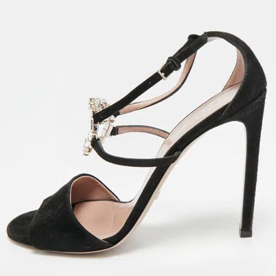 Pre-owned Gucci Gg Size 40 Black Suede Crystal Embellished Gg Interlock Ankle Strap Sandals