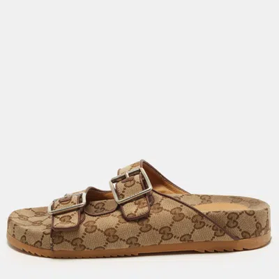 Pre-owned Gucci Gg Size 41 Beige/brown Canvas Double Buckle Strap Flat Slide
