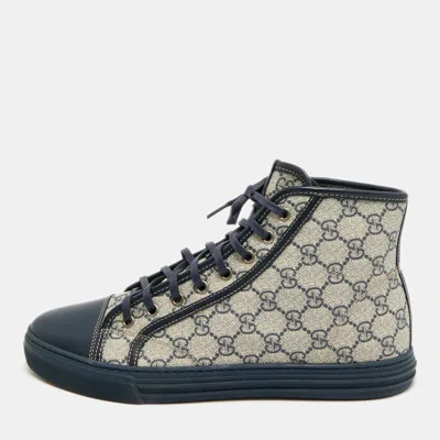 Pre-owned Gucci Gg Size 43 Navy Blue/beige Canvas And Leather High Top Sneakers